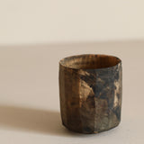 Glenn Dane 'Faceted cup from locally sourced larch. Botanical dyes: alder catkin, grape vine, charcoal, saffron, walnut, oak gall. Tung oil finish'